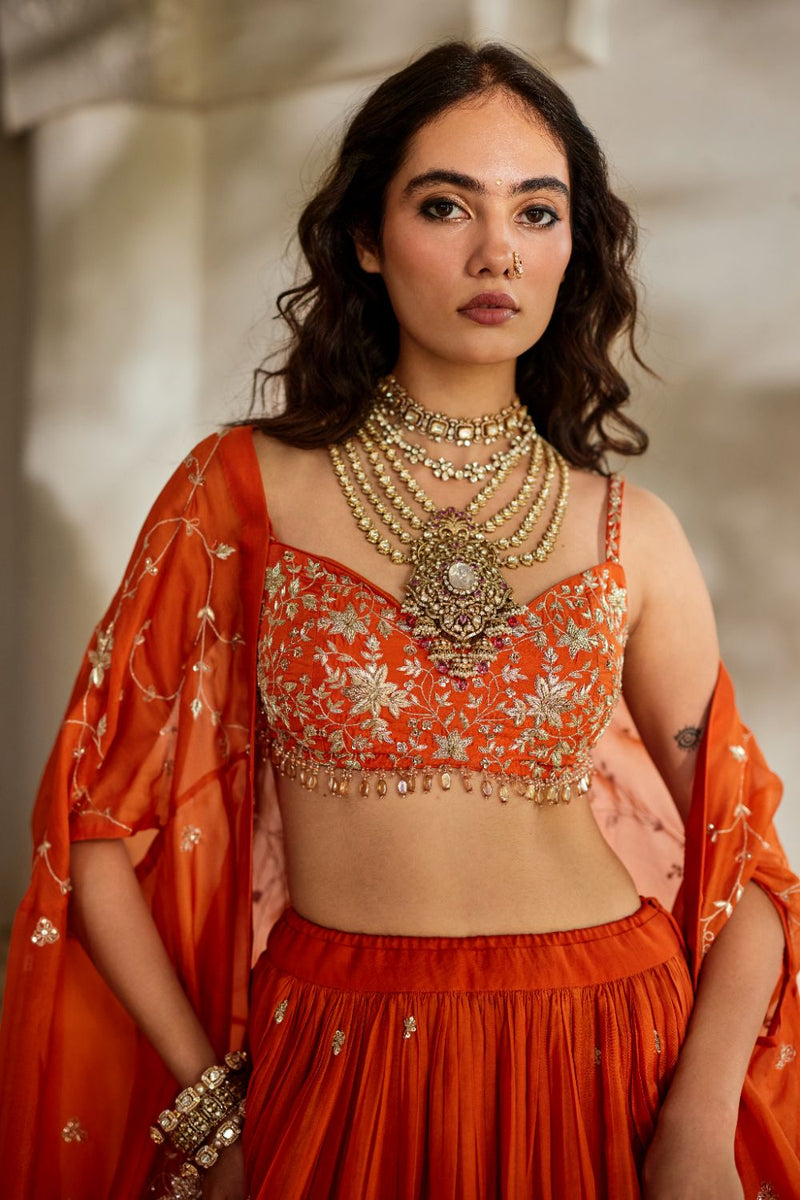 PH-3106 Sara Cape Lehenga Set organza by Paulmi & Harsh in rust color for women Worldwide
