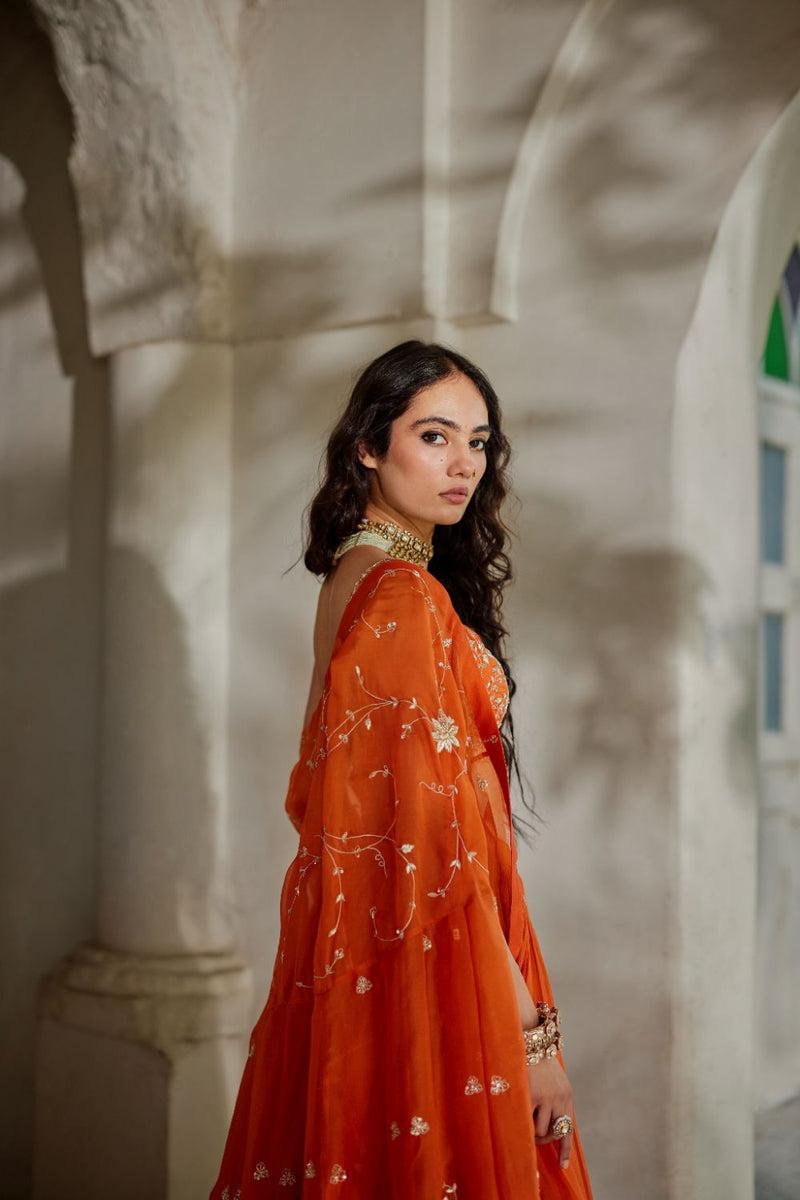 PH-3106 Sara Cape Lehenga Set organza by Paulmi & Harsh in rust color for women Worldwide