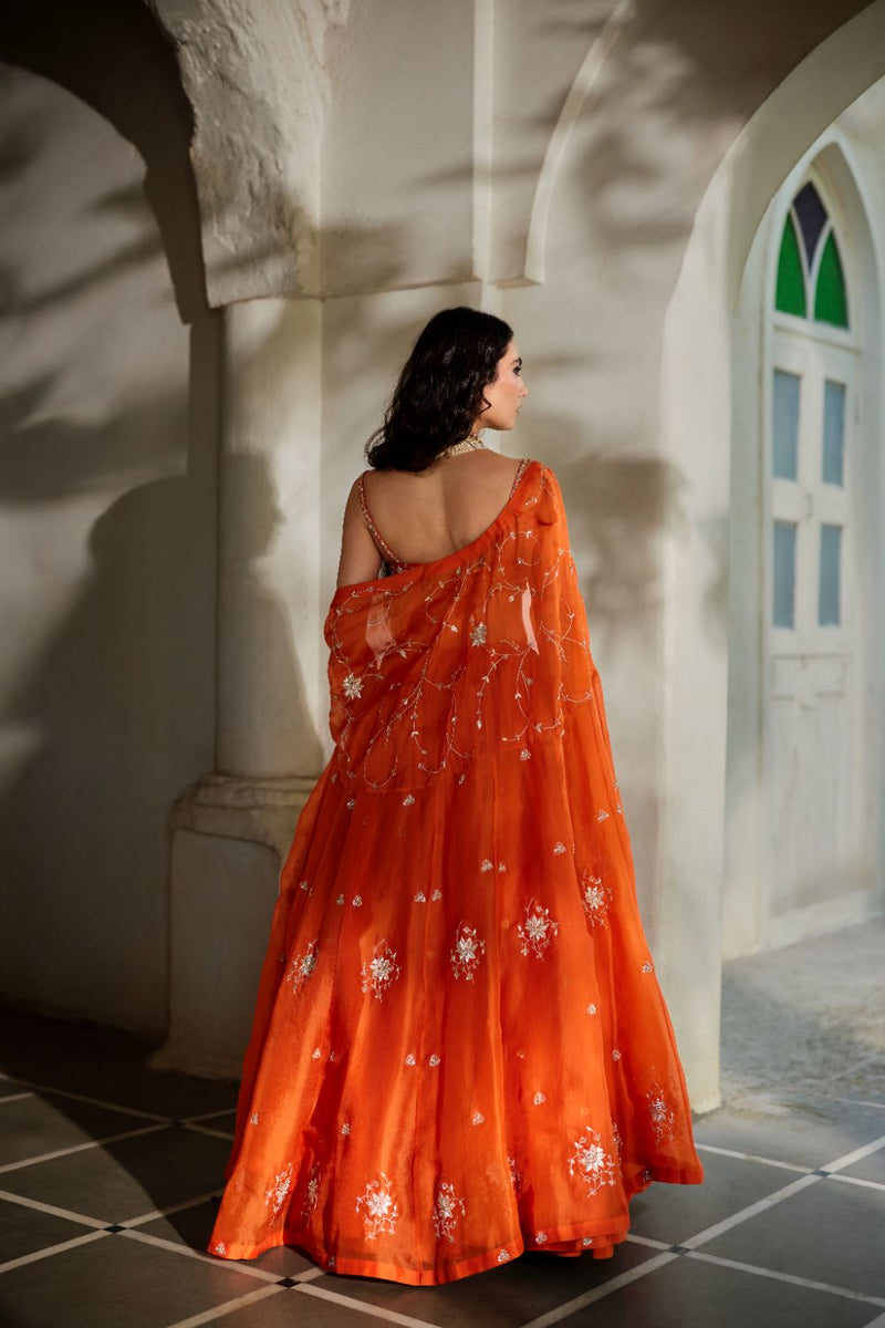 PH-3106 Sara Cape Lehenga Set organza by Paulmi & Harsh in rust color for women Worldwide
