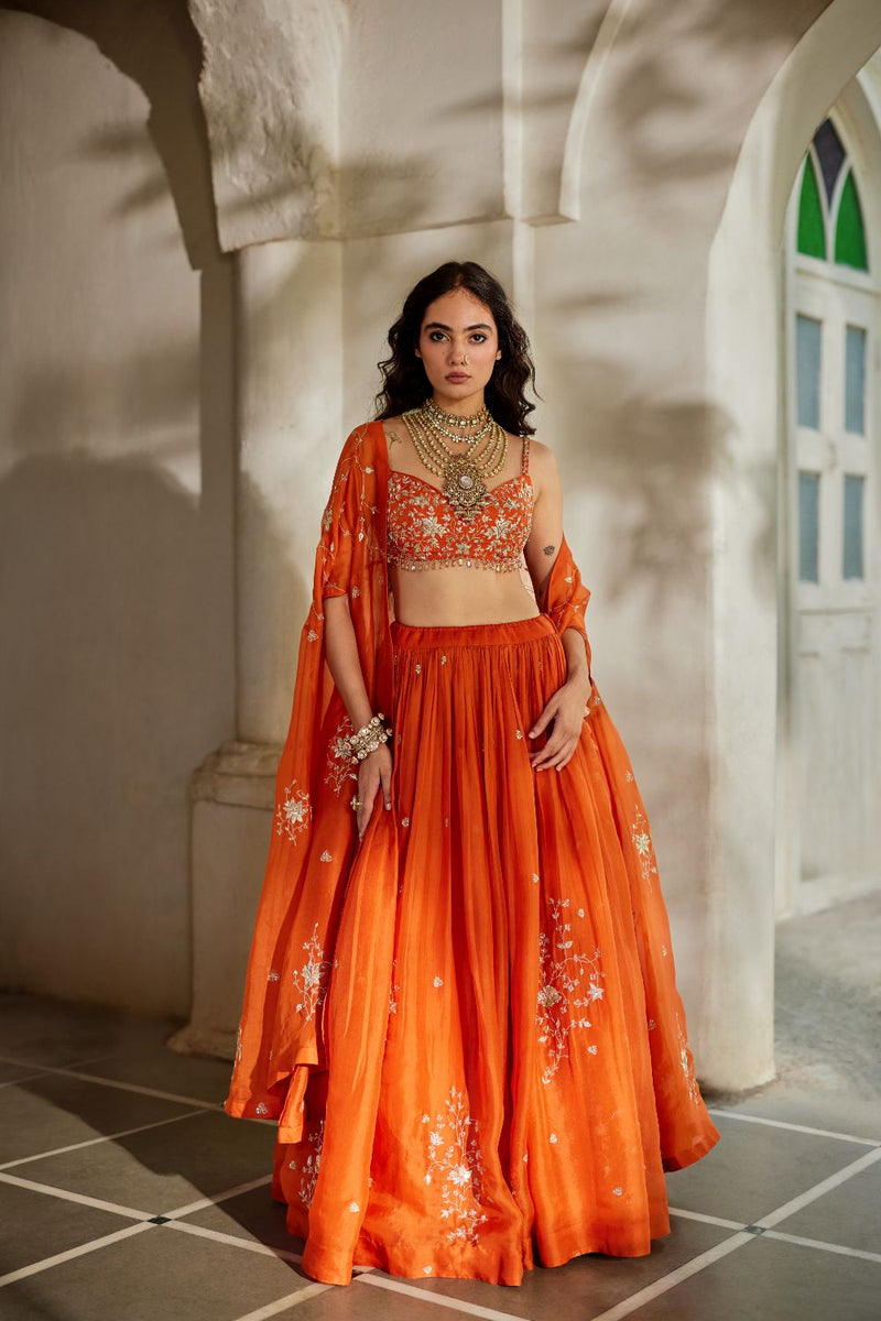 PH-3106 Sara Cape Lehenga Set organza by Paulmi & Harsh in rust color for women Worldwide