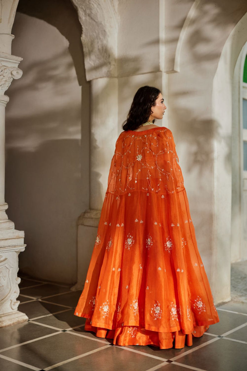 PH-3106 Sara Cape Lehenga Set organza by Paulmi & Harsh in rust color for women Worldwide