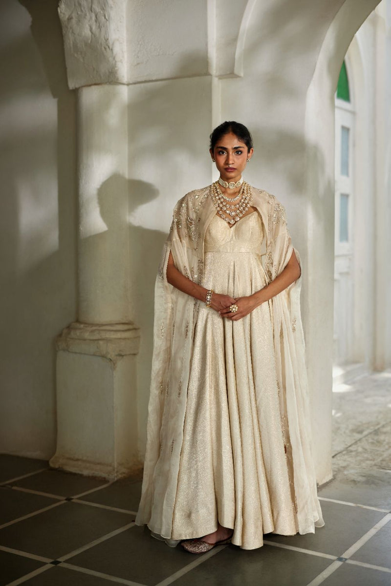 PH-3109 Lumi Cape Anarkali Set by Paulmi & Harsh in ivory color for women Worldwide