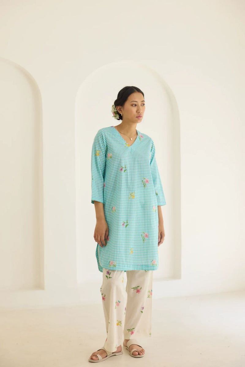 Blue Checks, Mallow Pants Short Kurta Set - V neck cotton by Nadiya Paar in blue color for women Worldwide