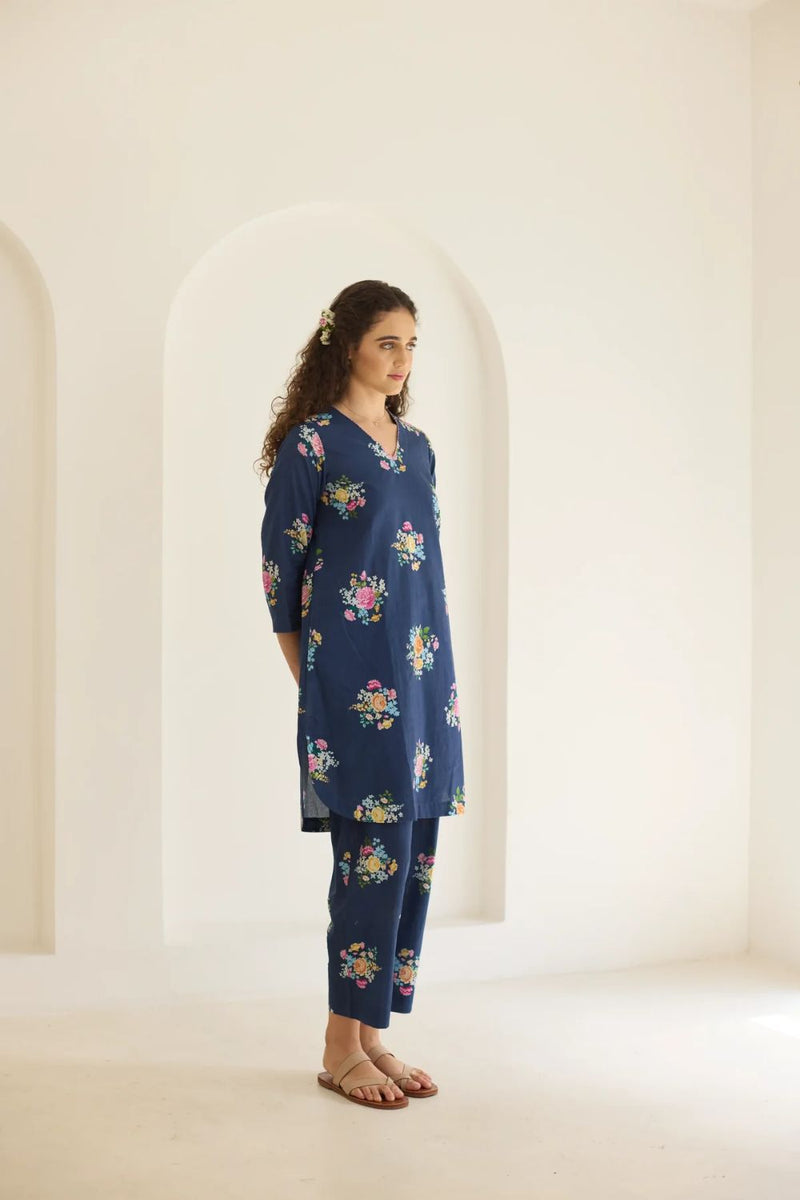Deep Blue Floral Bunch Short Kurta Set - V neck cotton by Nadiya Paar in blue color for women Worldwide