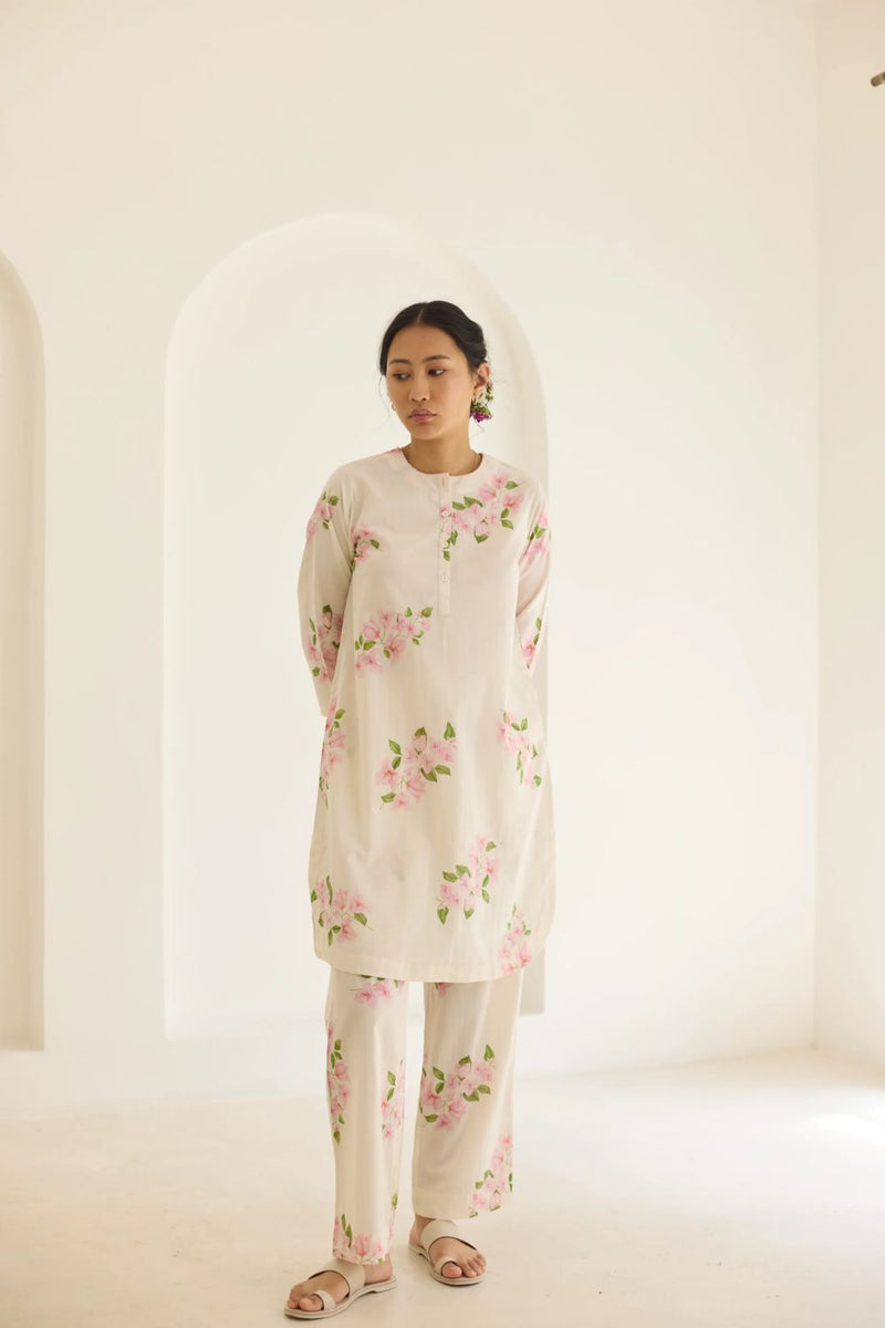 Bougainvillea Short Kurta Set cotton by Nadiya Paar in white color for women Worldwide