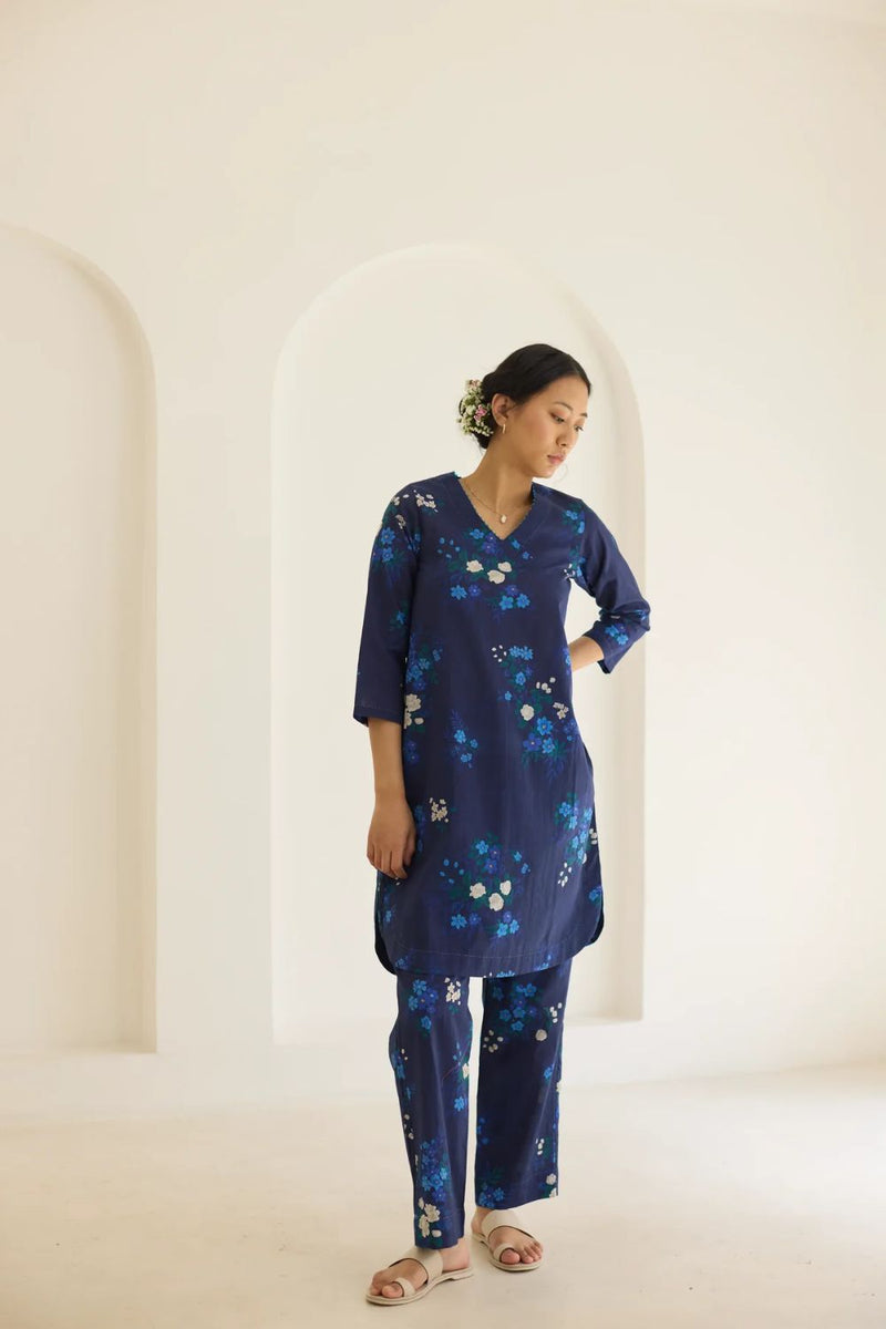 Midnight Jasmine Short Kurta Set - V neck cotton by Nadiya Paar in blue color for women Worldwide