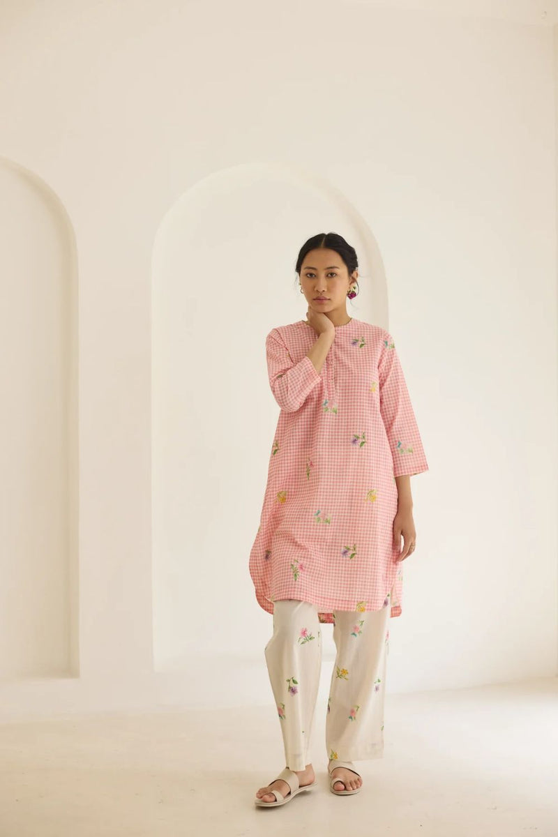 Pink Checks, Mallow Pants Short Kurta Set cotton by Nadiya Paar in pink color for women Worldwide