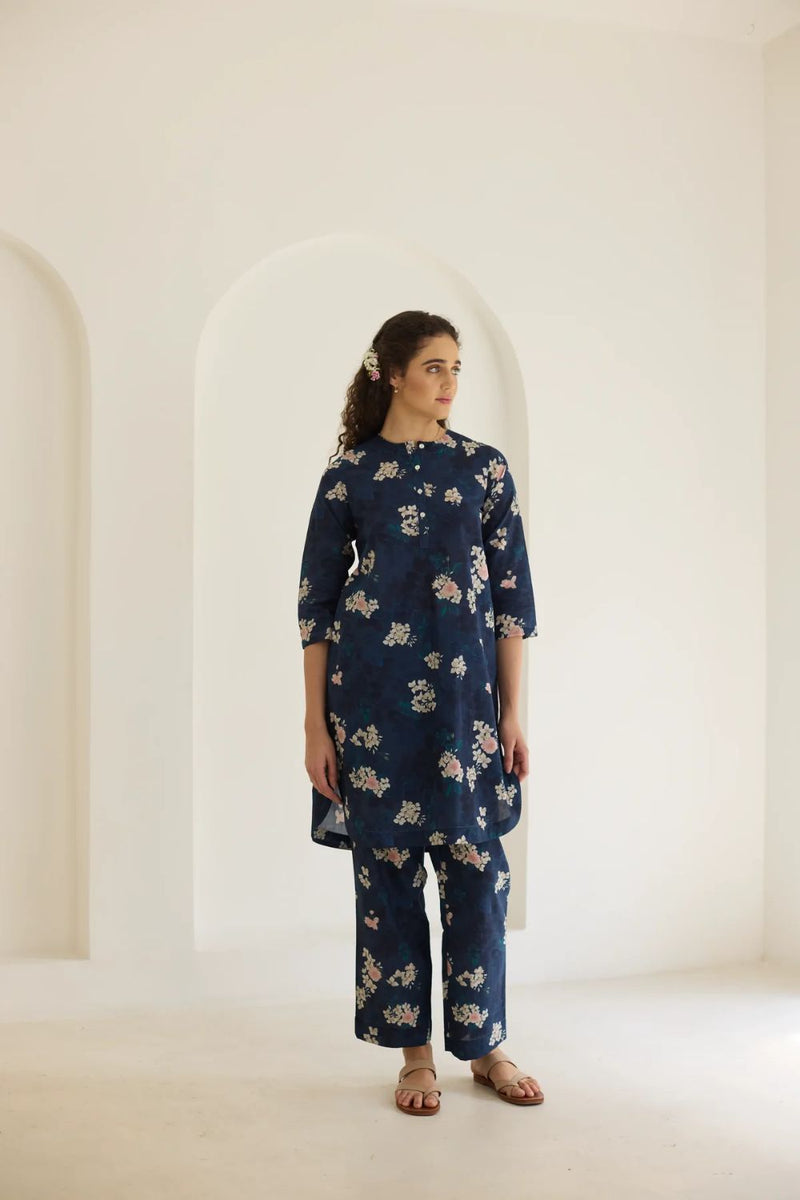Midnight Roses Short Kurta Set cotton by Nadiya Paar in blue color for women Worldwide