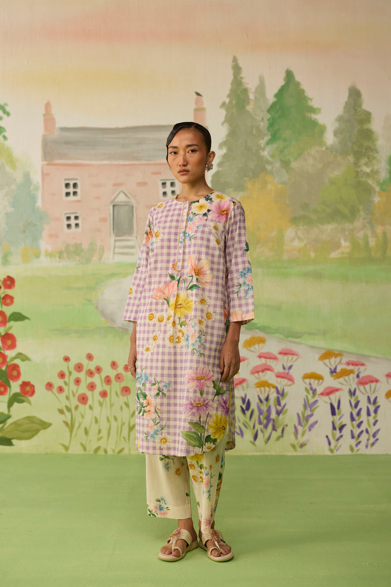Lilac Daisy Mid Kurta Set cotton co-ord set by Nadiya Paar in lilac for women Worldwide
