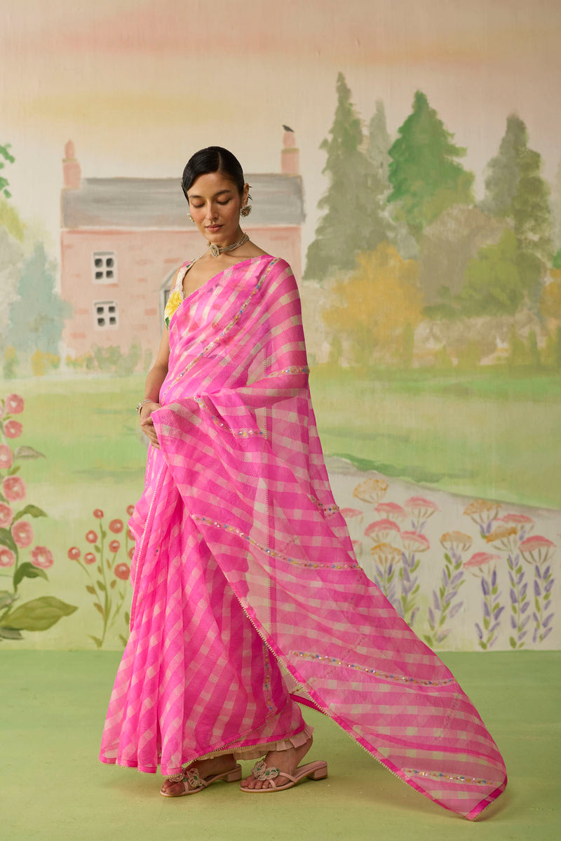 Trellis Pink Kota Doria Silk Lehriya Mothra Sari silk saree by Nadiya Paar in pink for women Worldwide