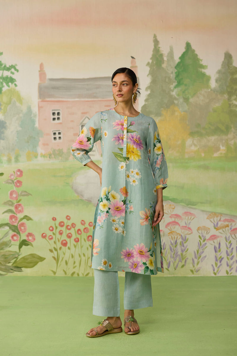 Aqua Daisy Long Kurta Set Linen linen co-ord set by Nadiya Paar in blue for women Worldwide