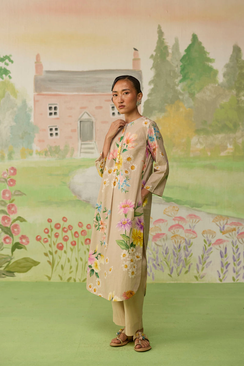 Sand Brown Daisy Long Kurta Set cotton co-ord set by Nadiya Paar in brown for women Worldwide