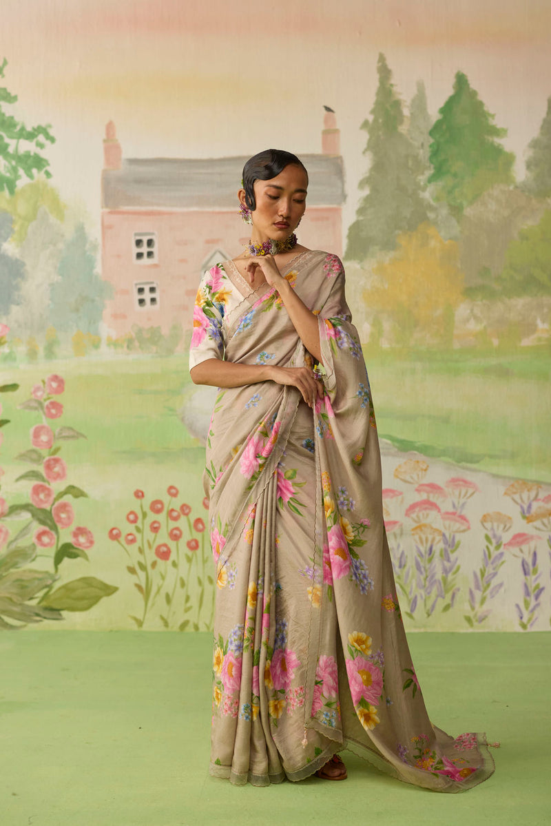 Peony Mulberry Silk Sari silk saree by Nadiya Paar in brown for women Worldwide