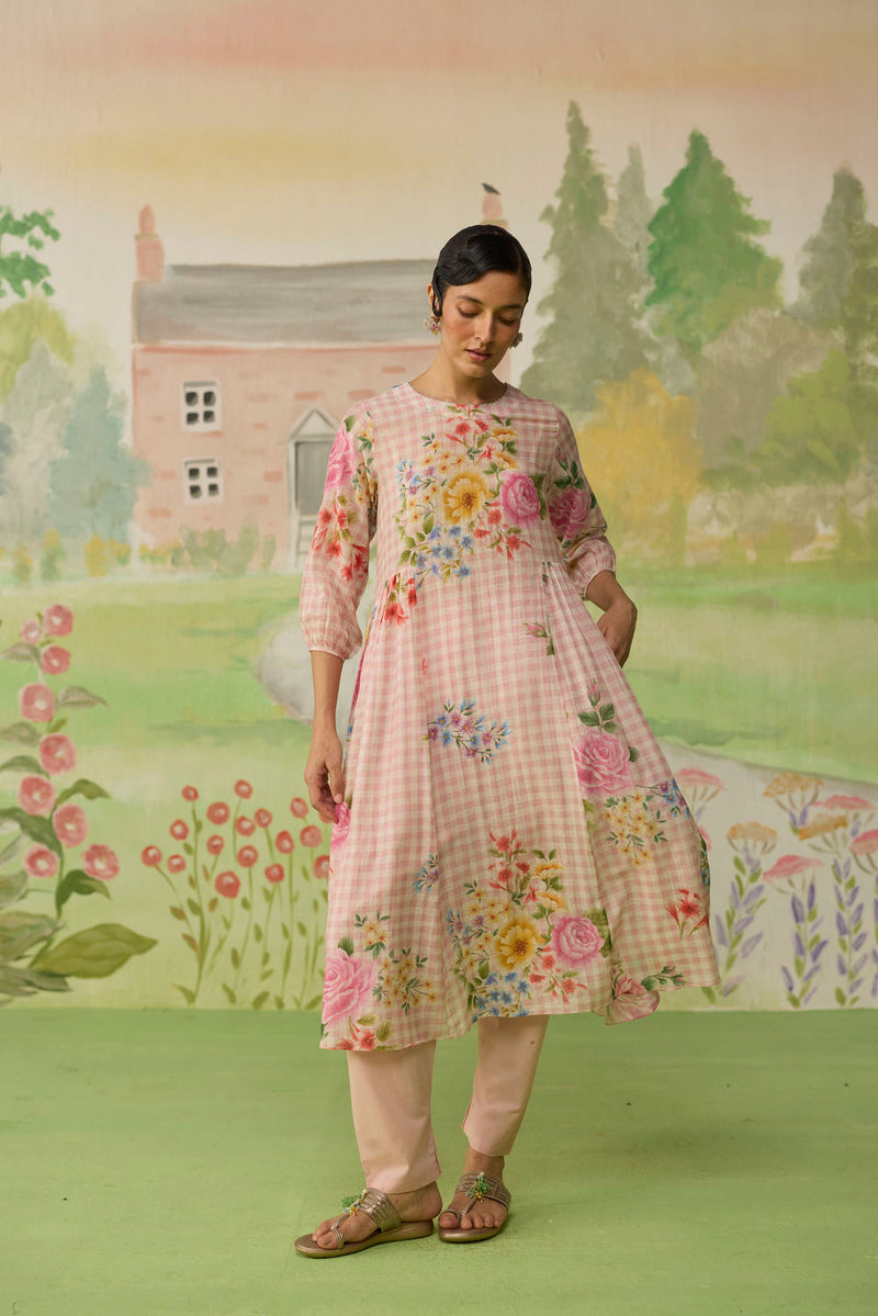 Golden Hour Pink Long Kurta Set Khadi Silk silk co-ord set by Nadiya Paar in pink for women Worldwide