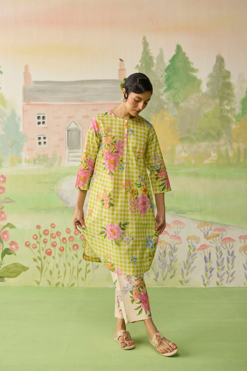 Lime Green Peony Mid Kurta Set cotton co-ord set by Nadiya Paar in green for women Worldwide