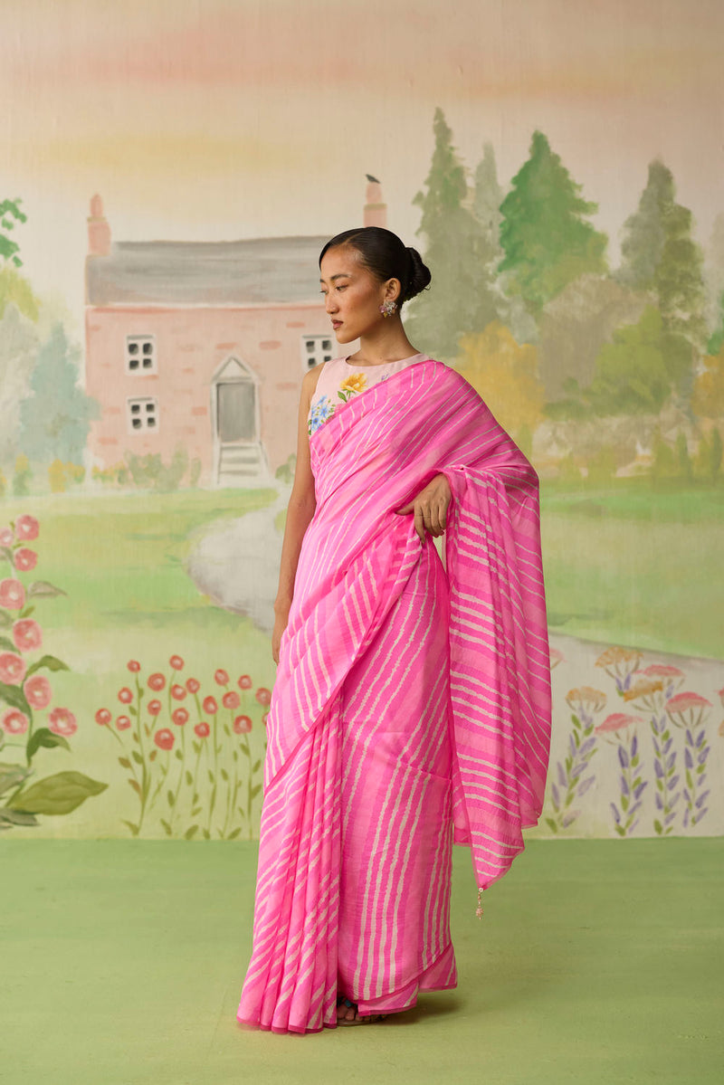 Blush Habutai Silk Lehriya Mothra Sari silk saree by Nadiya Paar in pink for women Worldwide