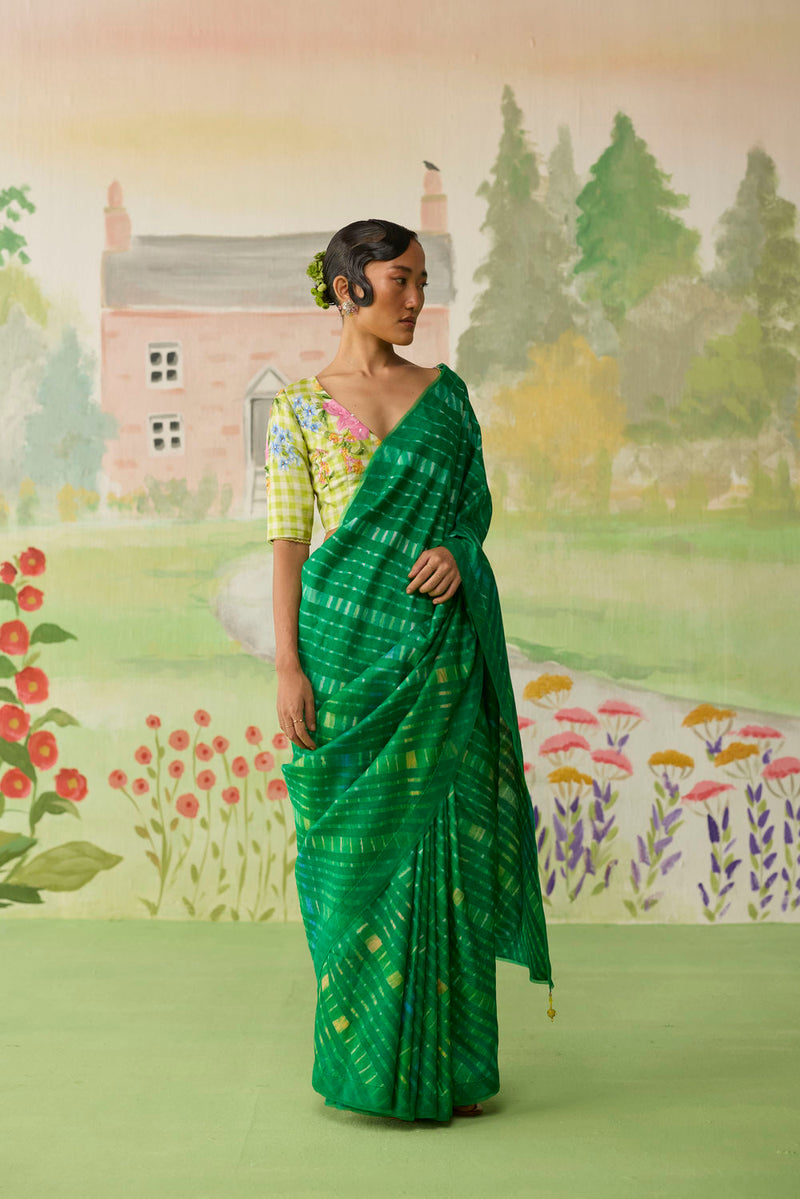 Fern Song Tussar Silk Lehriiya Mothra Sari silk saree by Nadiya Paar in green for women Worldwide