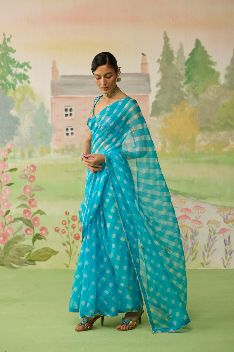 Trellis Blue Kota Doria Silk Lehriya Mothra Sari silk saree by Nadiya Paar in blue for women Worldwide