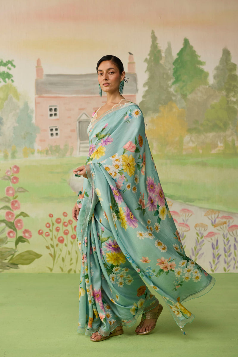 Aqua Daisy Mulberry Silk Sari silk saree by Nadiya Paar in blue for women Worldwide