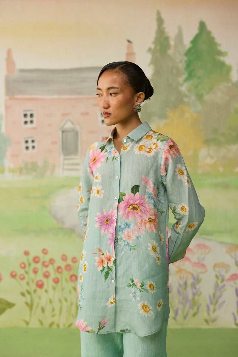 Nice Day Linen Shirt Aqua Blue linen top/shirt by Nadiya Paar in blue for women Worldwide