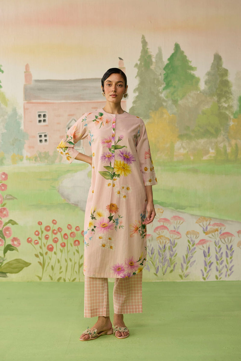 Pink Daisy Long Kurta Set cotton co-ord set by Nadiya Paar in pink for women Worldwide