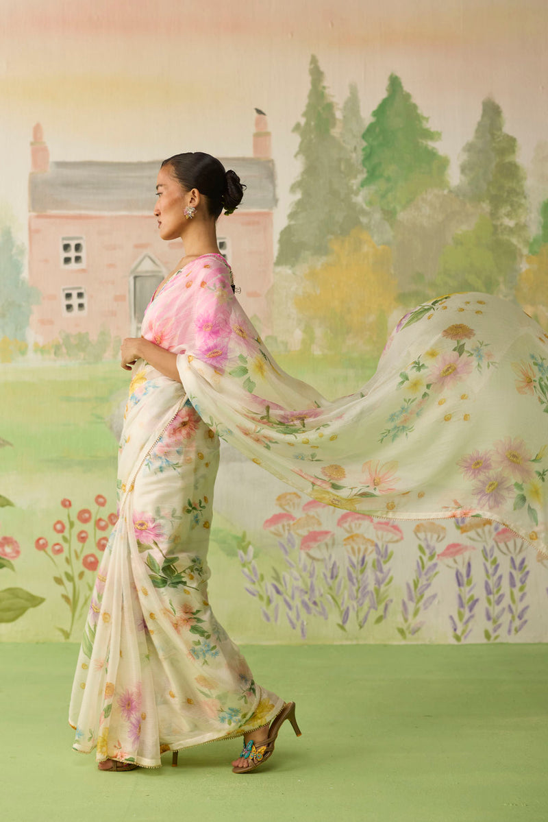 Chamomile Kota Doria Silk Sari silk saree by Nadiya Paar in off white for women Worldwide