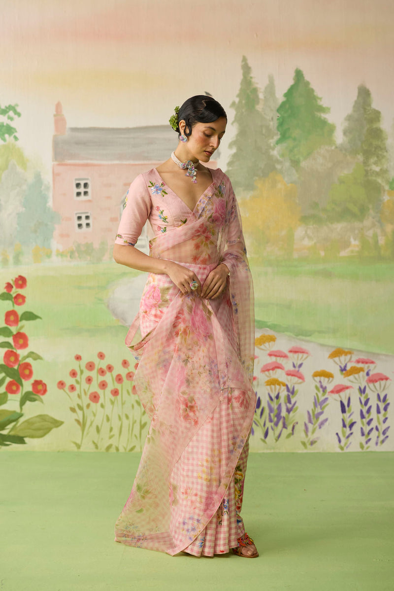 Wild Rose Mulberry Silk and Silk Organza Sari silk saree by Nadiya Paar in pink for women Worldwide