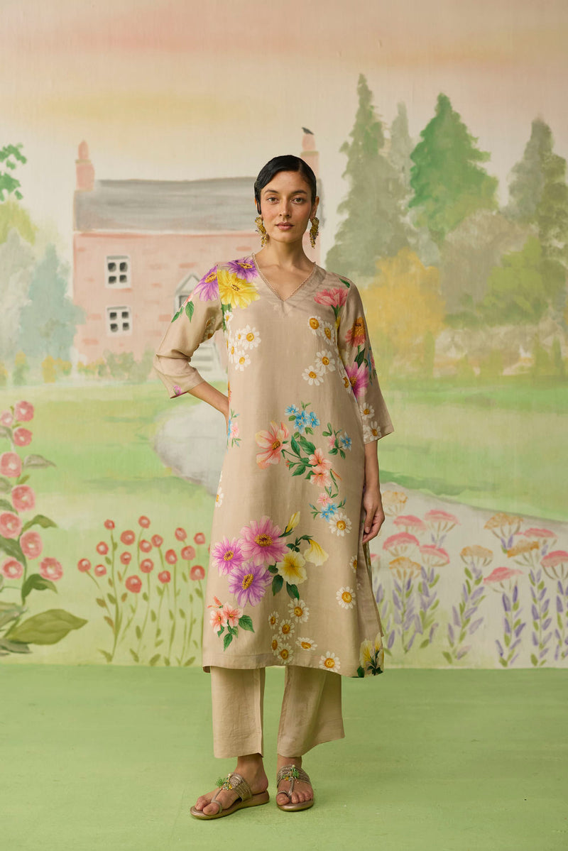 Sand Brown Daisy Long Kurta Set Muberry Silk silk co-ord set by Nadiya Paar in brown for women Worldwide