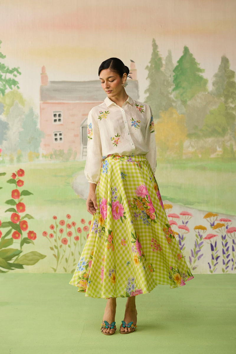 Like a Song Silk Shirt and Skirt Set silk co-ord set by Nadiya Paar in off white, green for women Worldwide