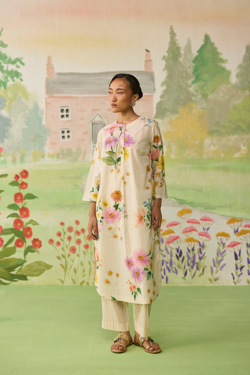 Off-white Daisy Long Kurta Set cotton co-ord set by Nadiya Paar in off white for women Worldwide