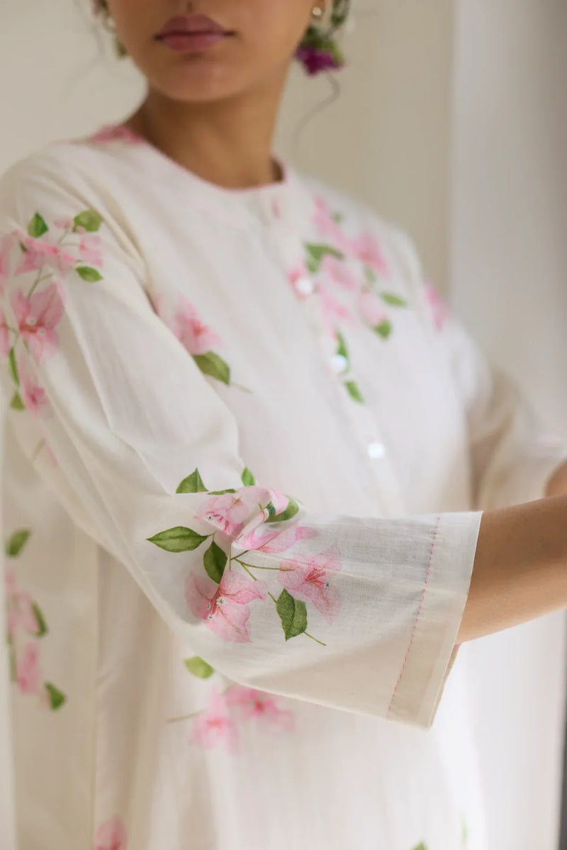 Bougainvillea Short Kurta Set cotton by Nadiya Paar in white color for women Worldwide