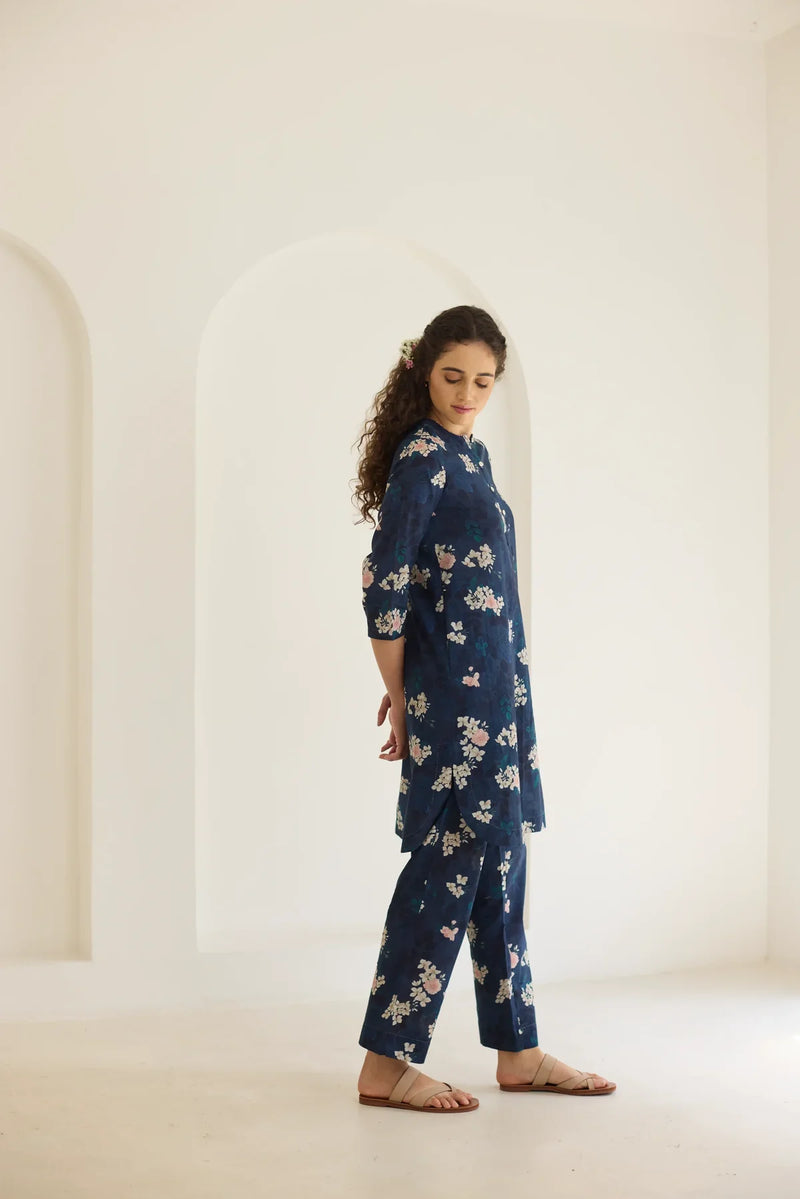 Midnight Roses Short Kurta Set cotton by Nadiya Paar in blue color for women Worldwide