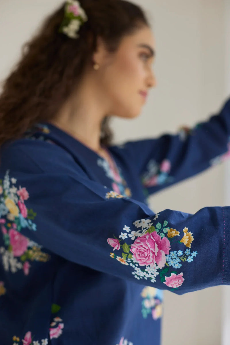 Deep Blue Floral Bunch Short Kurta Set - V neck cotton by Nadiya Paar in blue color for women Worldwide