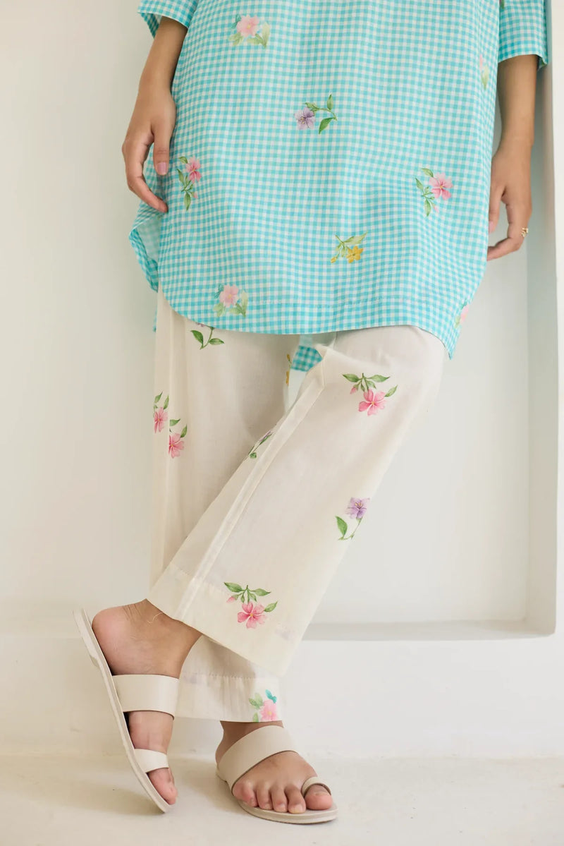 Blue Checks, Mallow Pants Short Kurta Set - V neck cotton by Nadiya Paar in blue color for women Worldwide