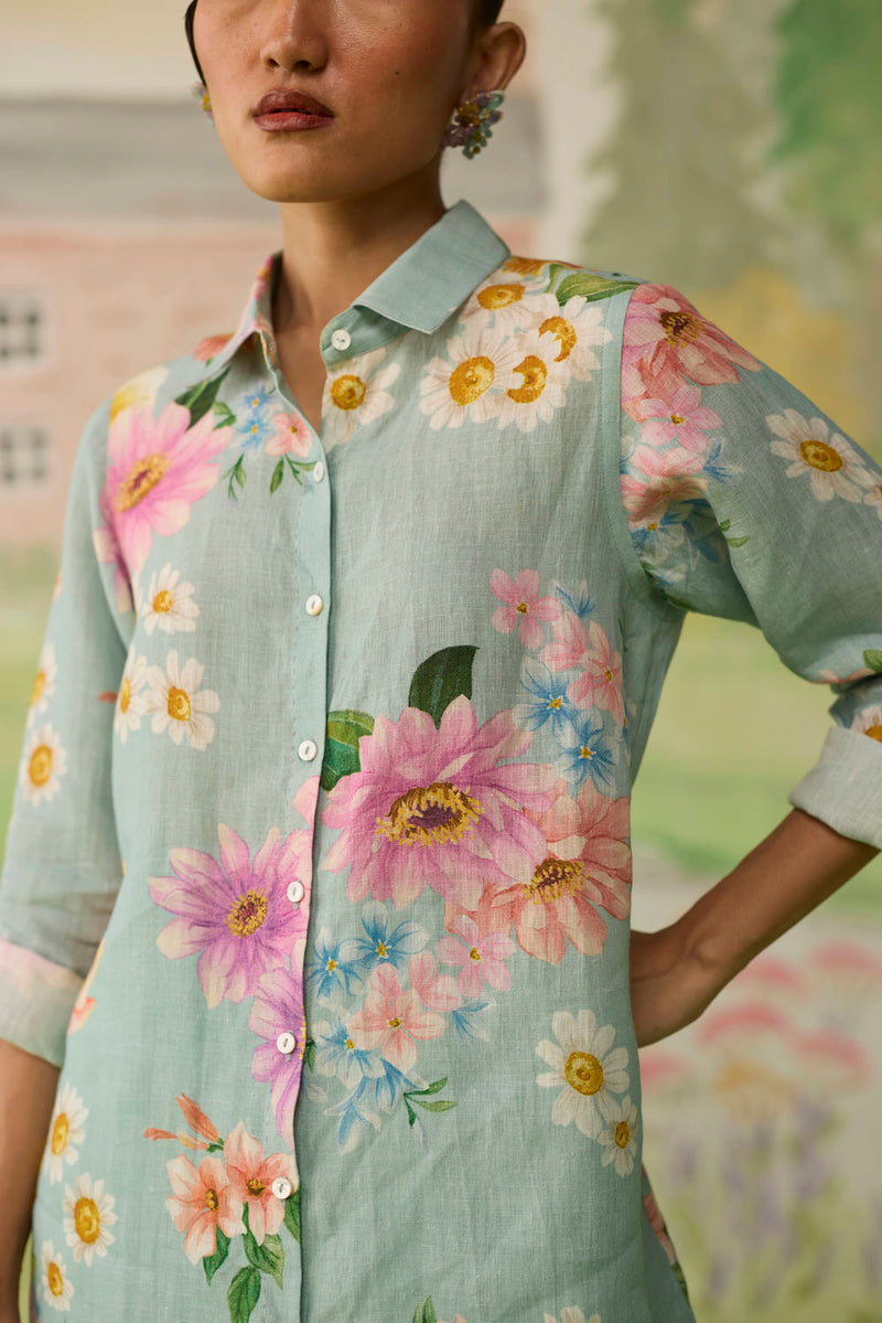 Nice Day Linen Shirt Aqua Blue linen top/shirt by Nadiya Paar in blue for women Worldwide