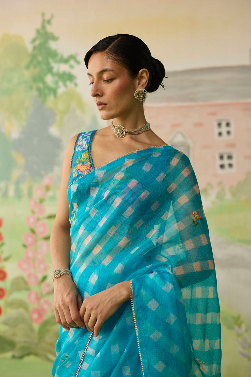 Trellis Blue Kota Doria Silk Lehriya Mothra Sari silk saree by Nadiya Paar in blue for women Worldwide