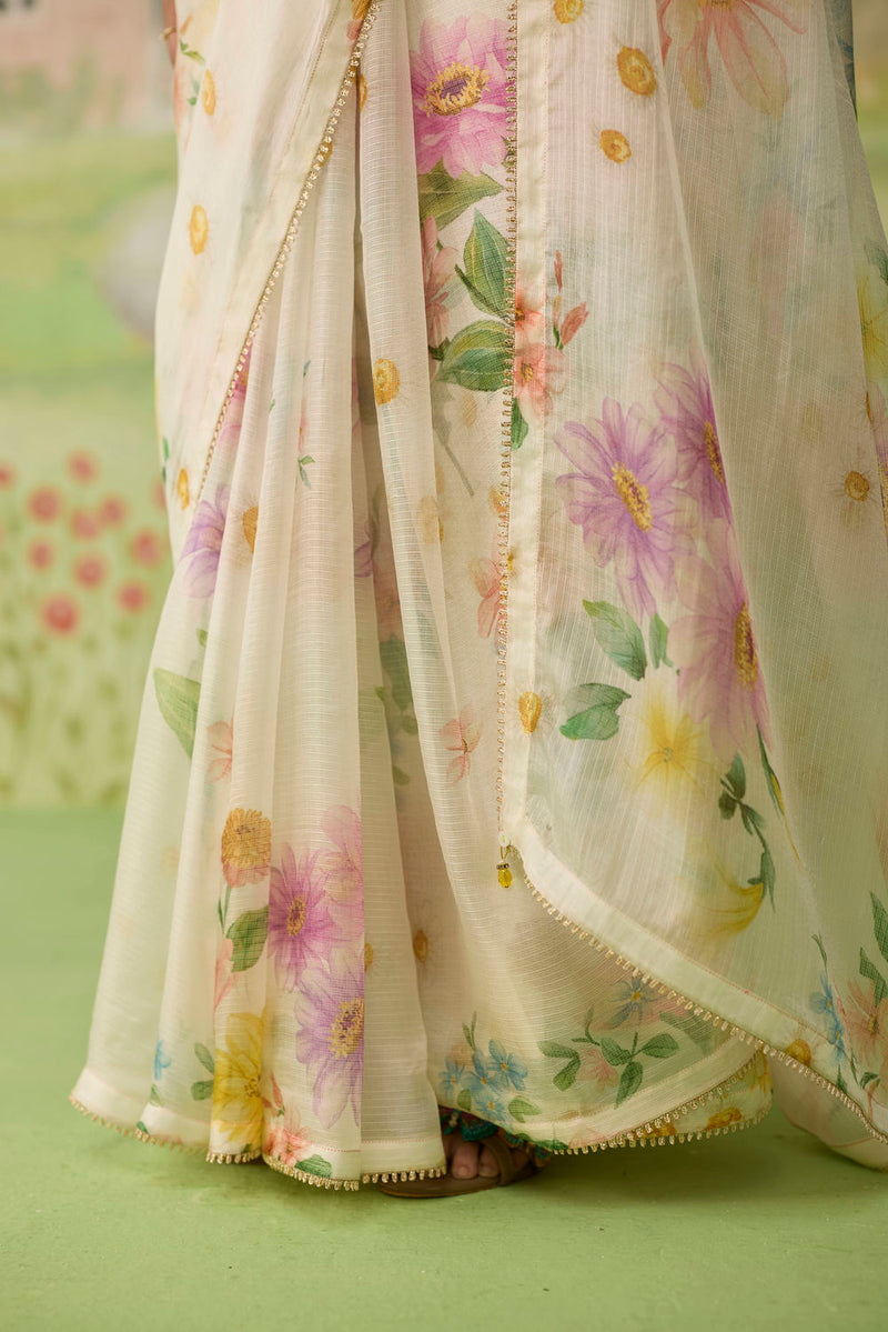 Chamomile Kota Doria Silk Sari silk saree by Nadiya Paar in off white for women Worldwide