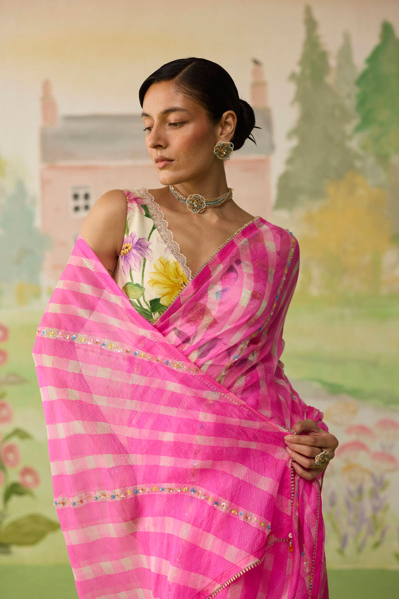 Trellis Pink Kota Doria Silk Lehriya Mothra Sari silk saree by Nadiya Paar in pink for women Worldwide