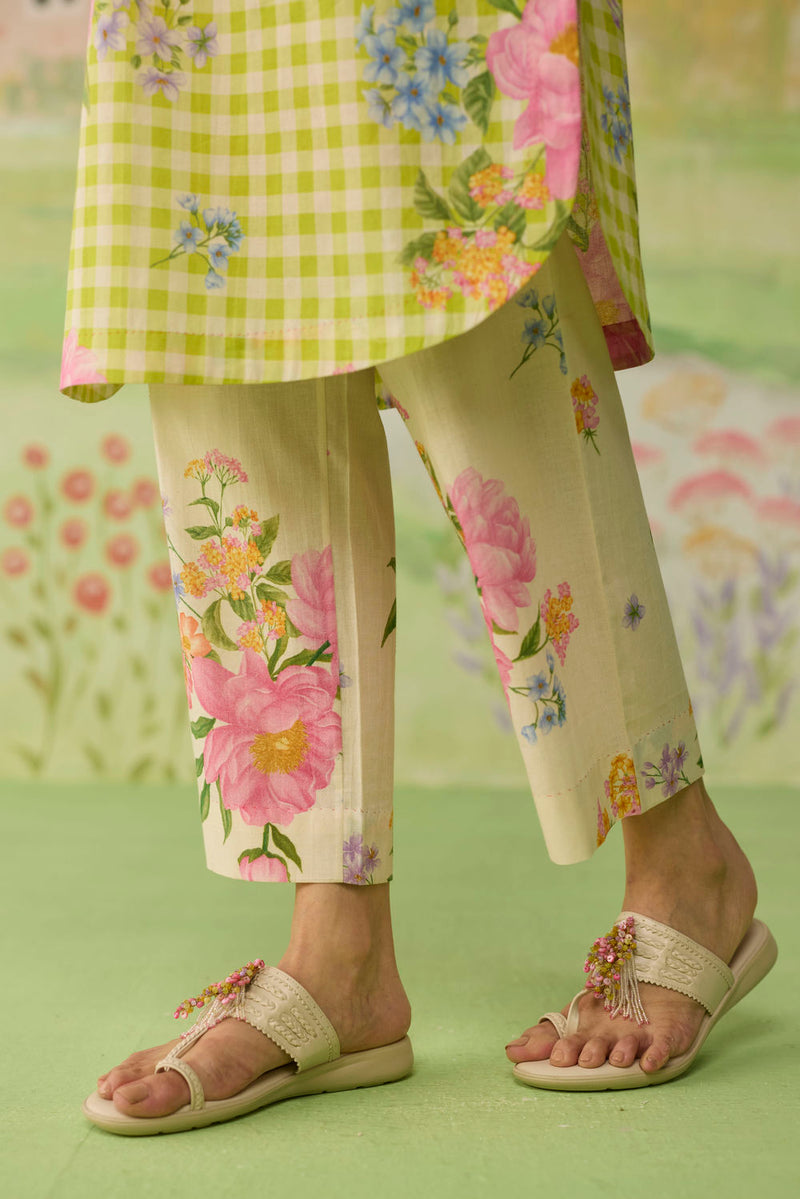 Lime Green Peony Mid Kurta Set cotton co-ord set by Nadiya Paar in green for women Worldwide