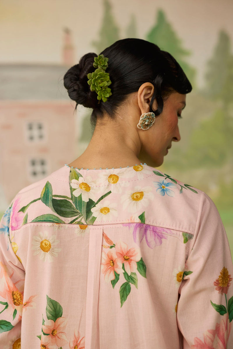Pink Daisy Long Kurta Set cotton co-ord set by Nadiya Paar in pink for women Worldwide