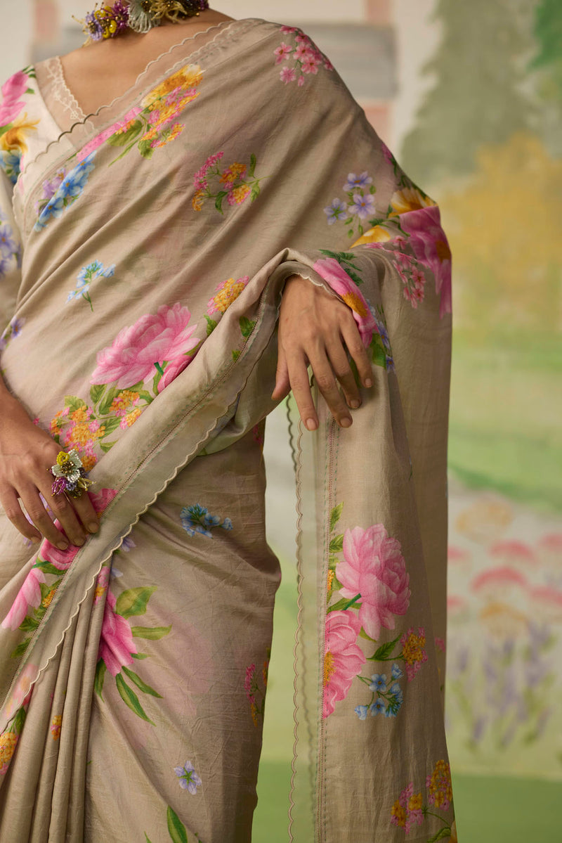 Peony Mulberry Silk Sari silk saree by Nadiya Paar in brown for women Worldwide