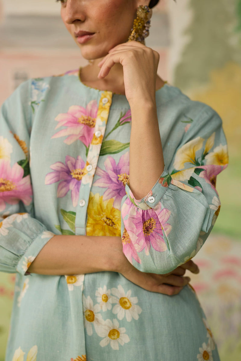 Aqua Daisy Long Kurta Set Linen linen co-ord set by Nadiya Paar in blue for women Worldwide