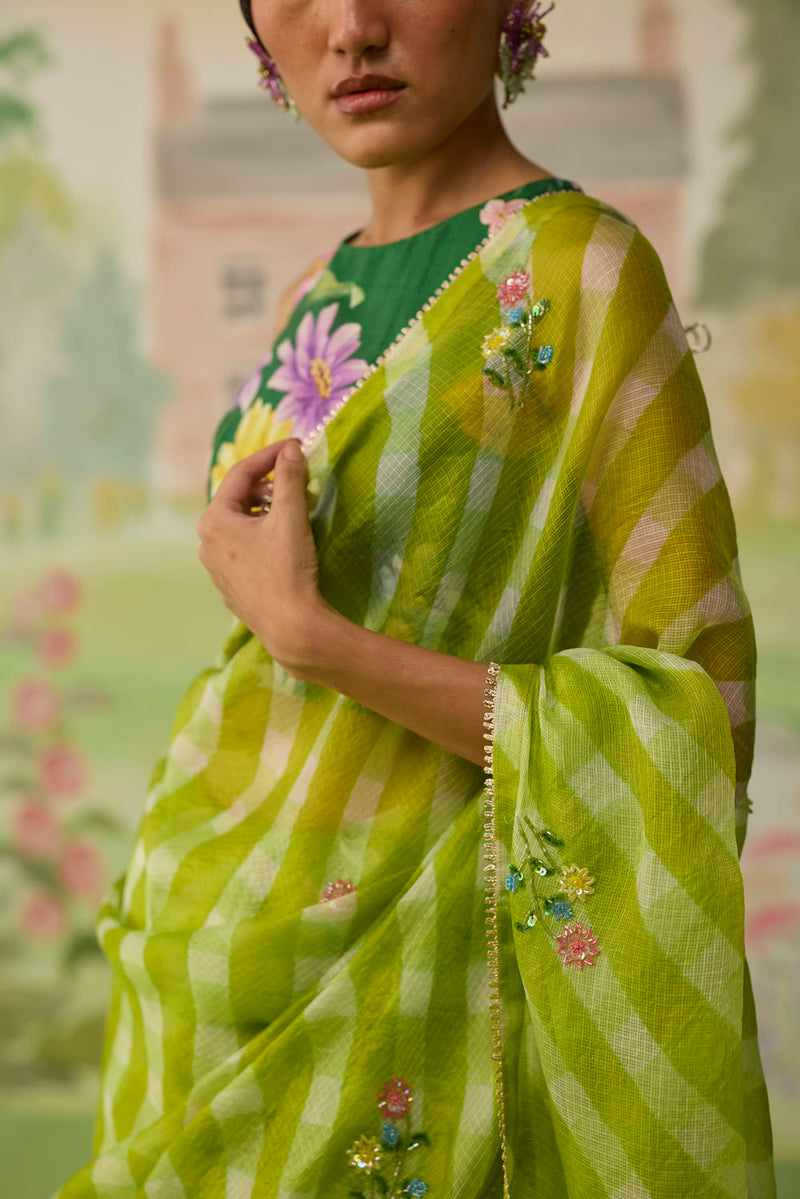 Trellis Green Kota Doria Silk Lehriya Mothra Sari silk saree by Nadiya Paar in green for women Worldwide