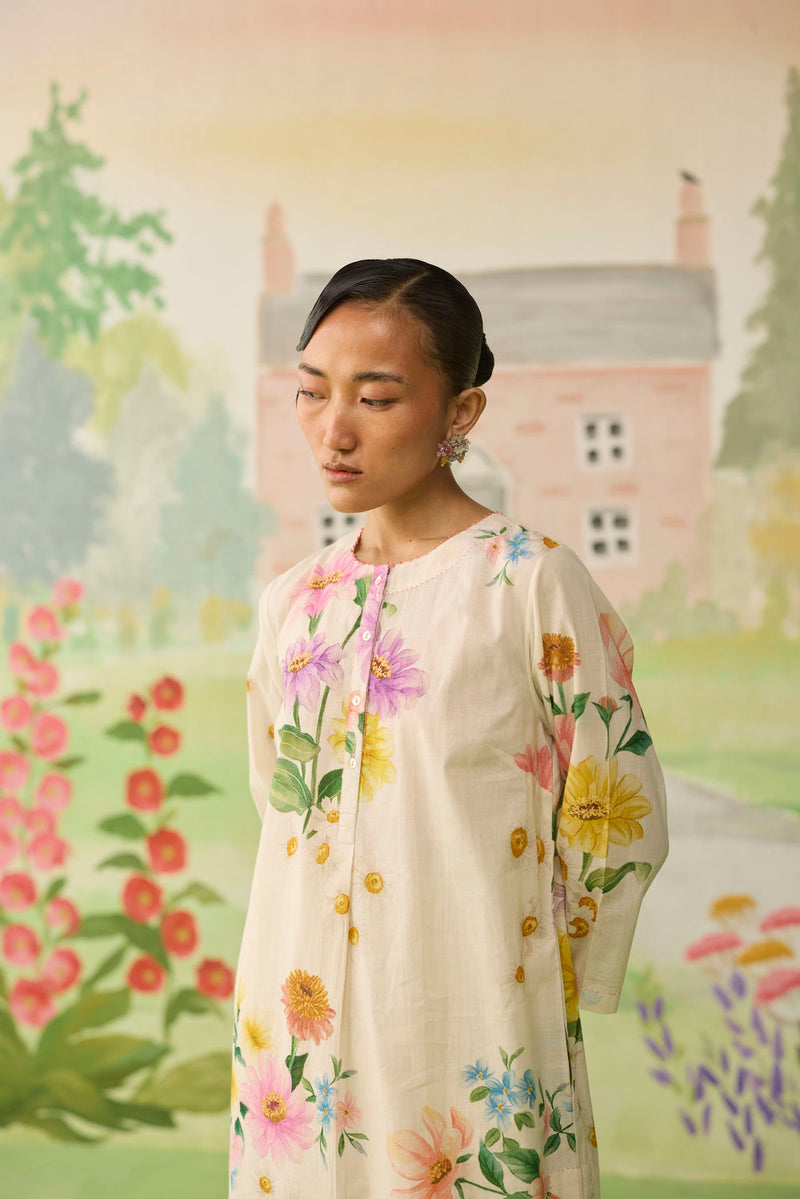 Off-white Daisy Long Kurta Set cotton co-ord set by Nadiya Paar in off white for women Worldwide