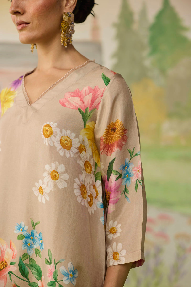 Sand Brown Daisy Long Kurta Set Muberry Silk silk co-ord set by Nadiya Paar in brown for women Worldwide