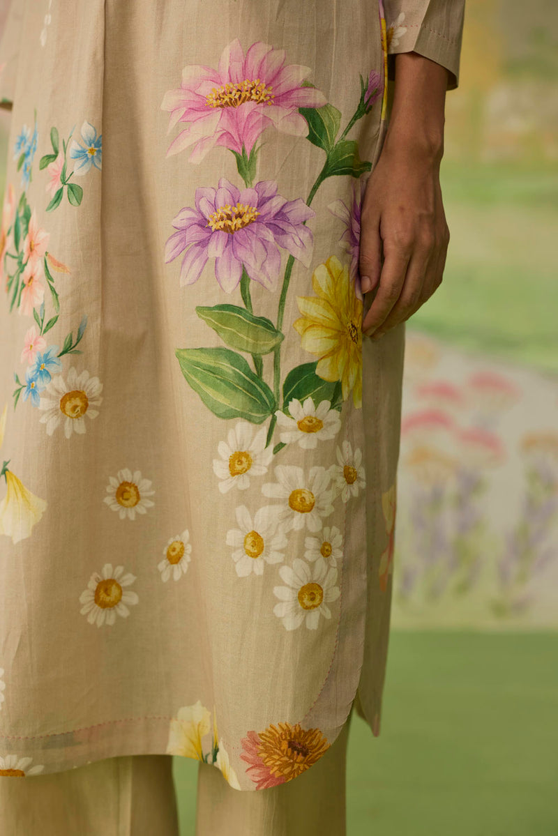 Sand Brown Daisy Long Kurta Set cotton co-ord set by Nadiya Paar in brown for women Worldwide