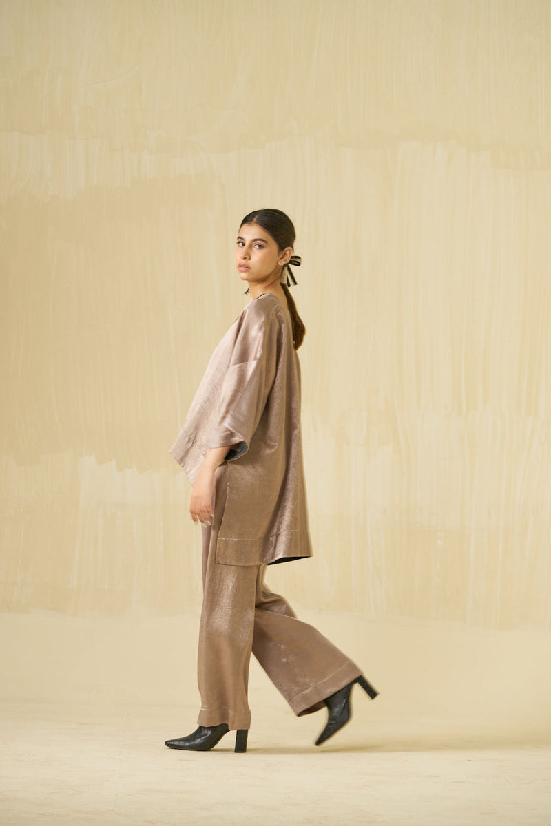 Pigeon Pants-Taupe mashru silk pant/trouser by Stoique in taupe for women Worldwide