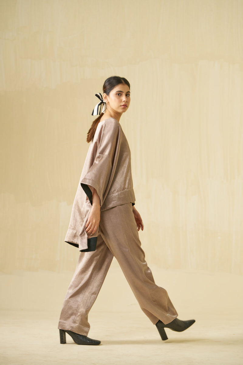 Pigeon Top-Taupe mashru silk top/shirt by Stoique in taupe for women Worldwide