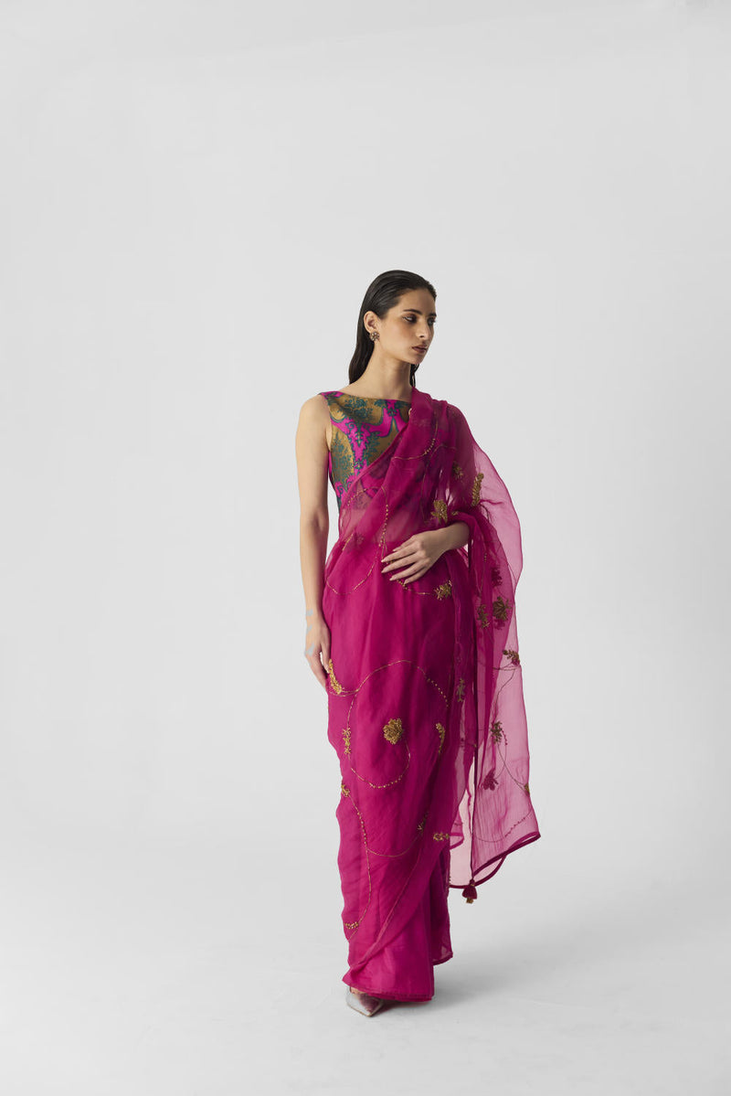 PINK EMBROIDERED SAREE organza by Yam in pink color for women Worldwide