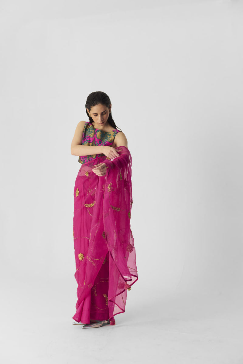 PINK EMBROIDERED SAREE organza by Yam in pink color for women Worldwide